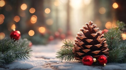 Obraz premium Festive Christmas Pinecone Snow and Ornaments