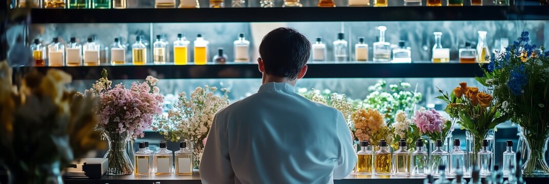 A male perfumer surrounded by a vibrant array of flowers and fragrances in a modern lab.