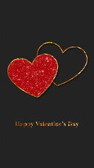 happy valentines day hearts golden and red glittering on paper texture background, love romantic vertical social media design element