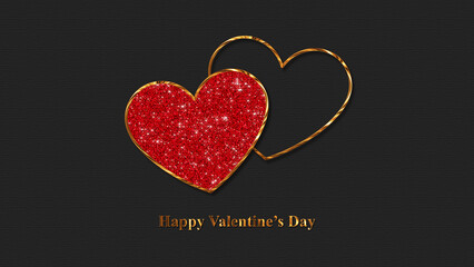 happy valentines day hearts golden and red glittering on paper texture background, love romantic social media design element