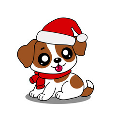 Little dog in christmas costume vector illustration on white background.