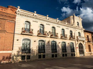 Facade of the Hotel Cervantes in Alcala de Henares (Community of Madrid - Spain). It was built between 1913 and 1916 on the site of the former university prison of the Colegio Mayor de San Ildefonso.