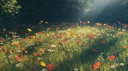Fototapeta premium Picturesque green meadow with wildflowers, bright sunlight, open sky, peaceful and serene, natural beauty, vibrant colors, rural charm, scenic and inviting.