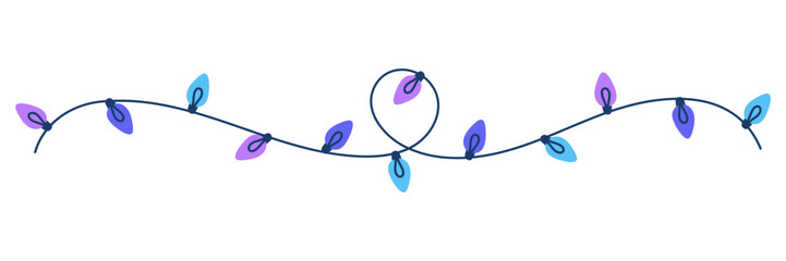 Hand drawn illustration of long colorful Christmas lights. Decorative border