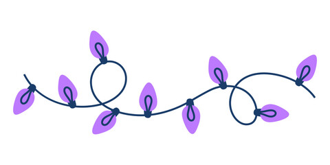 Hand drawn illustration of purple Christmas lights for creating festive designs. Decorative border
