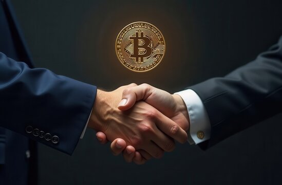 Handshake between two businessmen on a dark background with a bitcoin coin