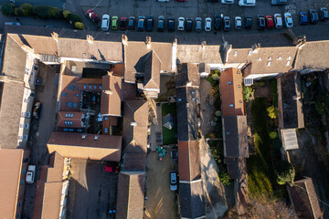 Straight down aerial photo of the beautiful British town of Bedale which is a market town in the Hambleton former district of North Yorkshire in the UK showing historical buildings in the Autumn time