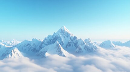 Obraz premium A majestic snow-covered mountain range with the highest peak reaching into the clouds, surrounded by other mountains, and viewed from an aerial perspective