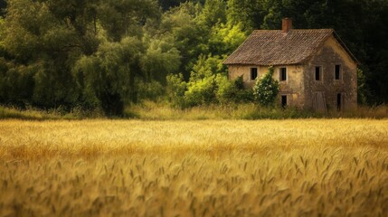 Obraz premium Deserted old farmhouse in a wheat field, overgrown grass, rustic and nostalgic, peaceful and quiet, vintage rural scene.