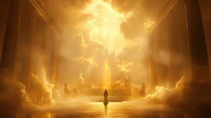 An ethereal courtroom bathed in golden light, with a central figure facing a divine presence, surrounded by a dreamlike atmosphere of soft clouds and shadows.