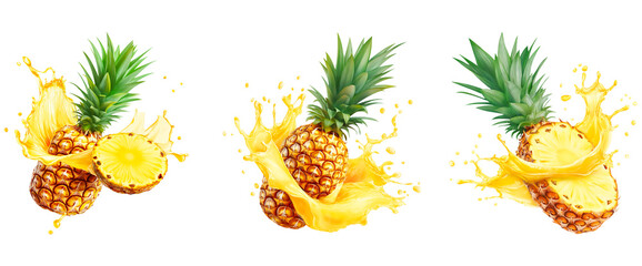 Set of whole and sliced pineapples with juice splash isolated on transparent