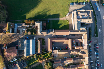 Straight down aerial photo of the beautiful British town of Bedale which is a market town in the Hambleton former district of North Yorkshire in the UK showing historical buildings in the Autumn time
