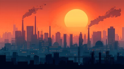 Fototapeta premium A Captivating Sunset Over an Industrial Skyline Illuminated by Dancing Lights and Smoke Trails. Fuel Processing Technology Concept