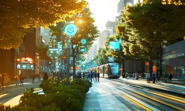 future high-speed railway network. The buildings around have a modern architectural style, surrounded by greenery. Digital displays show various icons representing smart urban energy use, 