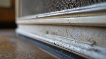 A close-up shot of the baseboard heater's surface, capturing the details and any wear, with the surrounding area softly blurred.