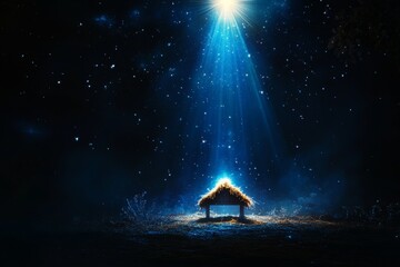 Serene Night Nativity Scene with Empty Wooden Manger and Starry Sky