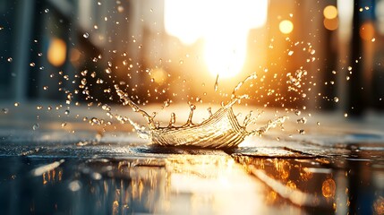 Ethereal Water Splash: A Glorious Sunset Captured in Droplets Dancing Through the Golden Light. Fuel Processing Technology Concept