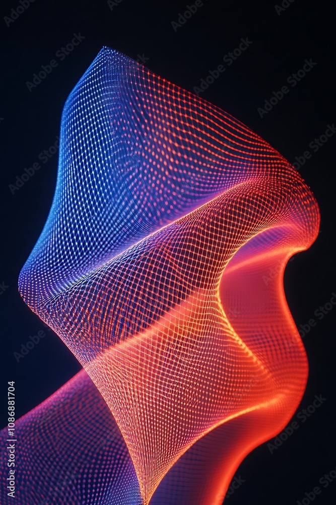 Poster Vibrant Abstract Waves of Light with a Dynamic Mesh Design, Showcasing Fluid Motion and Color Gradients in Red and Blue Against a Dark Background