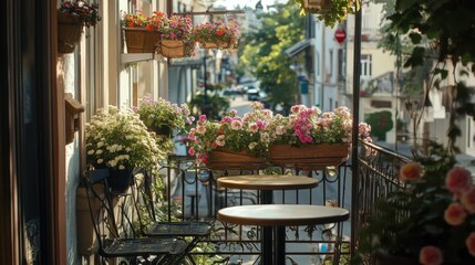 Cozy cafe with a flower-filled balcony overlooking a quiet street