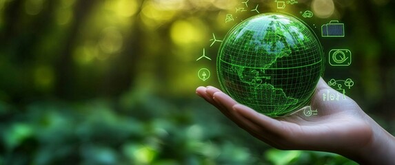 Eco-Friendly Hand Holding Green Globe with Sustainable Icons in Forest