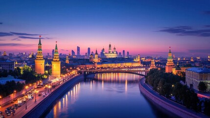 Obraz premium Cityscape of Moscow with historical building and river, blue sky and city lights, classic Russian architecture, panoramic city view