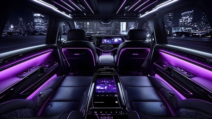 Fototapeta premium Spacious autonomous vehicle cabin with soft leather seats, two passengers observing urban surroundings, large interactive displays, and elegant lighting