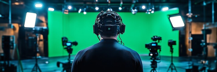 A male subject in a motion capture suit prepares for a shoot in a high-tech studio with green screen. 