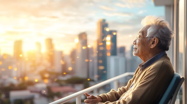 Elderly Man Gazing Thoughtfully from His Balcony as the Sun Sets Over the City, Capturing a Moment of Reflection and Serenity Amid Urban Life