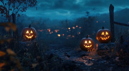 Fototapeta premium illuminated carved pumpkins, Halloween concept