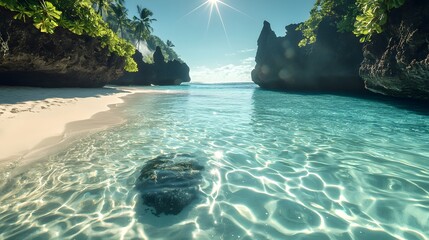 Serene Hawaiian Cove with Pristine White Sand, Crystal Clear Water, Sunlight Reflections, and Lush Greenery in a Secluded Tropical Paradise