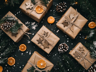 Design a cozy winter scene featuring a cheerful snowman with an orange knitted hat and scarf, surrounded by festive decorations. Include glowing candles, snow-dusted pine branches, red berries, and sm