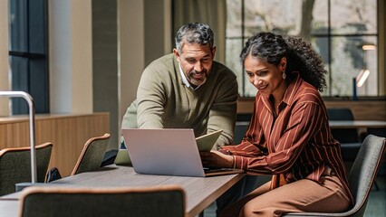 Business team of two executives working together using laptop in office. Happy young business woman manager showing project presentation to mature man client, investor or partner at work meeting.