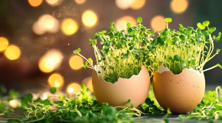 Microgreens in the eggshells, lights background