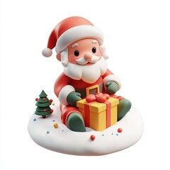 Adorable 3D Render of Santa Claus Sitting on Snow with a Gift