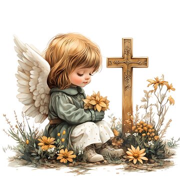 angel child holding flowers near cross clip art preview