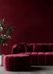 Obraz premium Modern Plush Red Velvet Sofa with Ottoman and Green Plant in Cozy Minimalist Lounge Room