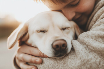 Child embraces a labrador retriever, both with closed eyes, conveying a sense of peace and affection in the warm glow of a sunset