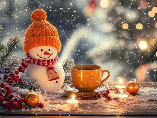 Design a cozy winter scene featuring a cheerful snowman with an orange knitted hat and scarf, surrounded by festive decorations. Include glowing candles, snow-dusted pine branches, red berries, and sm