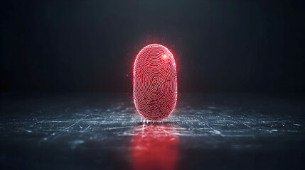 A glowing red fingerprint stands prominently against a dark background, symbolizing identity and digital security.