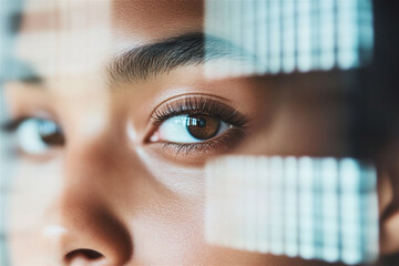 Woman with captivating brown eyes peers through futuristic blinds, creating a sense of mystery and intrigue as she observes the world beyond