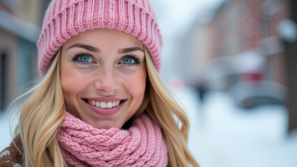 Beautiful happy young woman in pink knitted hat and scarf against winter city background. Banner.
