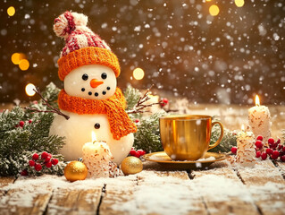 Design a cozy winter scene featuring a cheerful snowman with an orange knitted hat and scarf, surrounded by festive decorations. Include glowing candles, snow-dusted pine branches, red berries, and sm