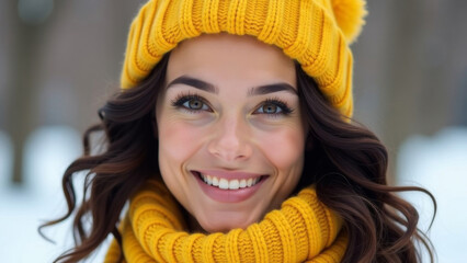 Beautiful cheerful happy dark-haired curly young woman, yellow hat and scarf, in a snowy park. Banner.