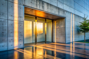 Obraz premium Modern glass entrance with golden sunlight illuminating the concrete wall, creating a striking architectural contrast in a contemporary setting.