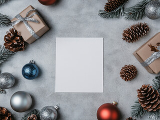 Holiday table decorations, top view: a blank centerpiece framed with natural pine branches, shimmering blue ornaments, intricate snowflakes and a small wrapped gift. Balanced composition for creating 