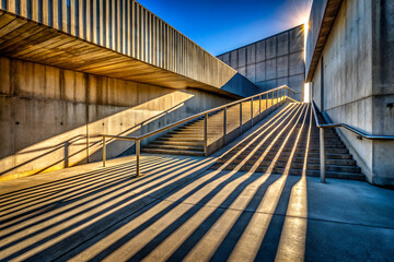 Staircase with striking shadows, concrete walls, and a bright sky creates a modern architectural scene emphasizing light and structure.