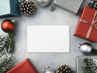 Holiday table decorations, top view: a blank centerpiece framed with natural pine branches, shimmering blue ornaments, intricate snowflakes and a small wrapped gift. Balanced composition for creating 