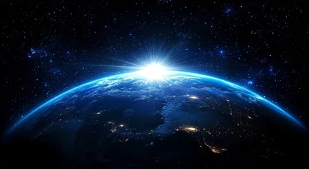 Fototapeten earth from space blue sunrise sunburst effect starry background serene and awe inspiring cosmos © video