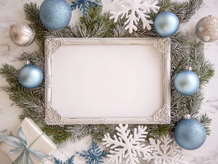Holiday table decorations, top view: a blank centerpiece framed with natural pine branches, shimmering blue ornaments, intricate snowflakes and a small wrapped gift. Balanced composition for creating 