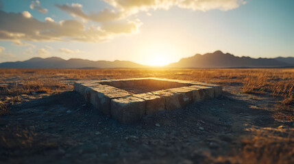 Obraz premium A sunlit landscape features a stone structure against a vast, empty terrain, emphasizing nature's beauty and tranquility.